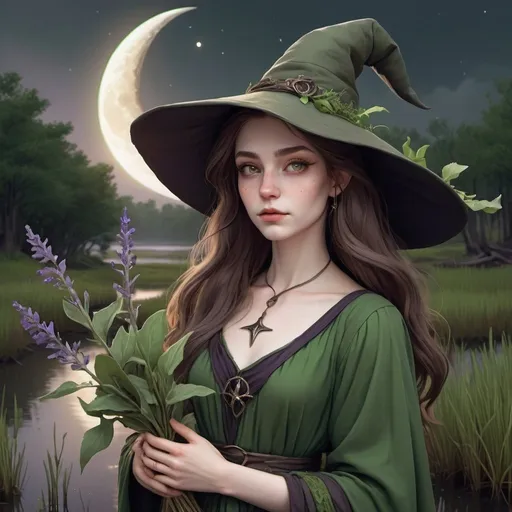 Prompt: A witch avatar with green clothing in a marsh under a crescent moon. Have her holding sage and lavender and drape her in ivy. But give her pale skin and brown hair and brown irises



