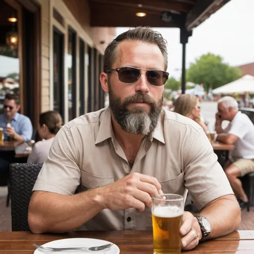 Prompt: A good looking man in his late 40's with a very closely trimmed beard is sitting at an outside table at a restaurant. He's wearing sunglasses, a short sleeve button down shirt that is open, and a pair of khaki shorts. He appears to be drinking a beer while talking on his cellphone.