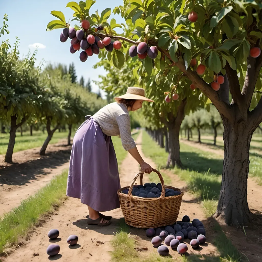 Prompt: 
A woman picking large plums and tall trees and a large garden and a basket of plums on the ground and clear image