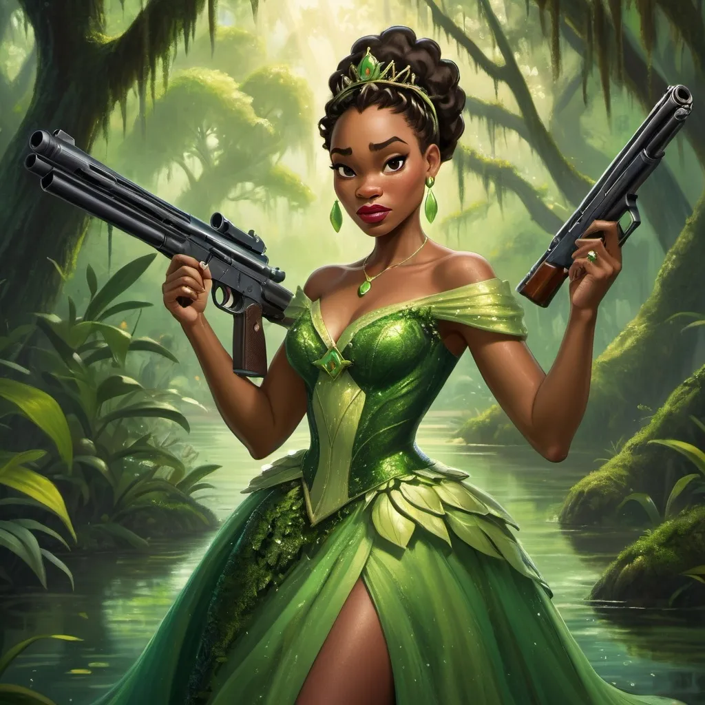 Prompt: princess tiana with a gun