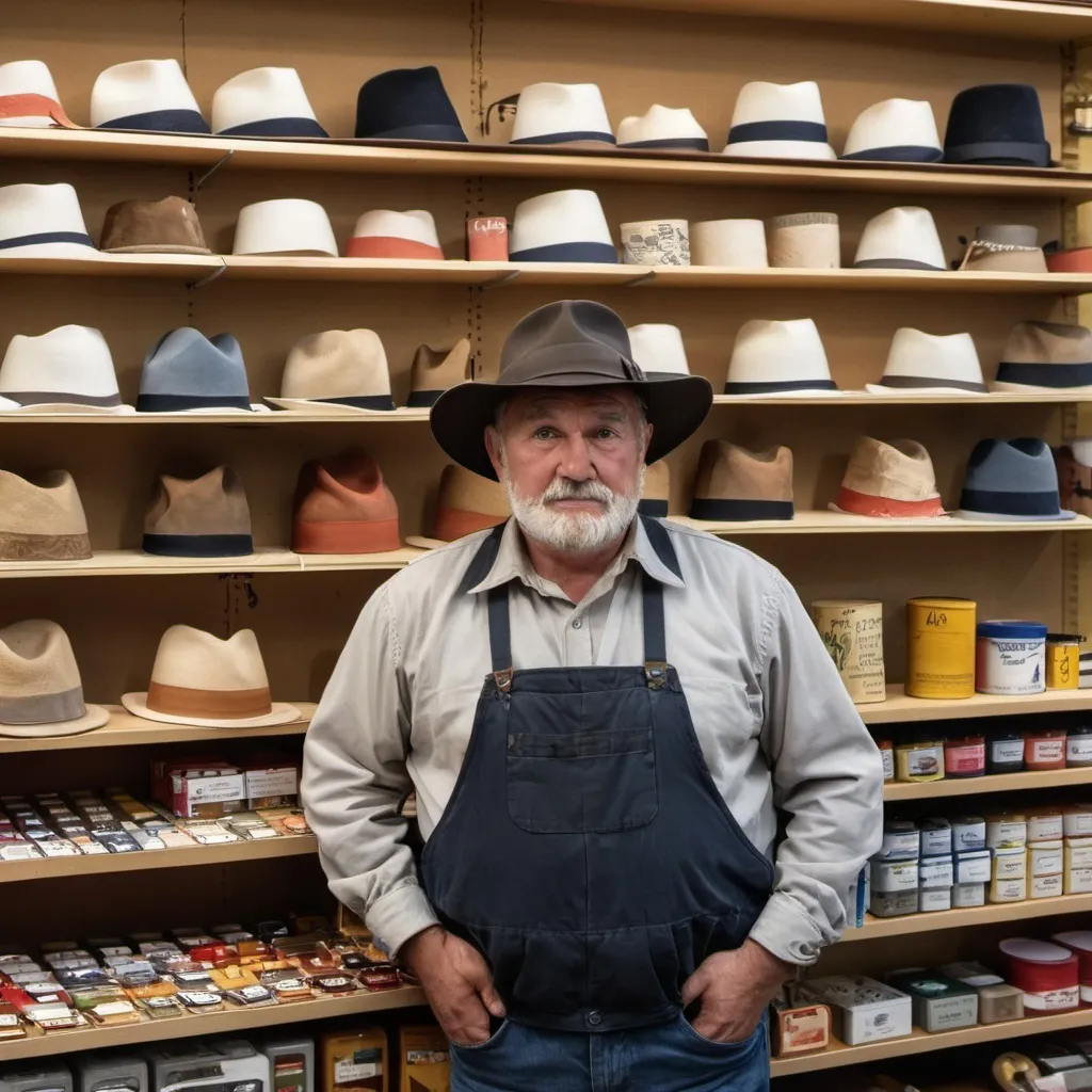 Prompt: a man in a hat standing in front of a store display of items and supplies for sale on shelves, Bernard Accama, lyco art, artgem, a picture