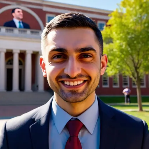 Prompt: Realistic portrait of Alireza Mosallaie at Harvard, 4k, detailed, confident smile, vibrant atmosphere, professional attire, sunny campus, high-quality, realistic, detailed, sunny, professional attire, vibrant atmosphere