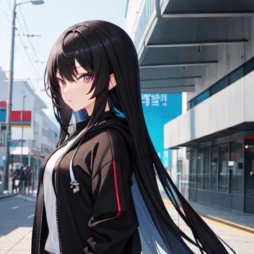 Prompt: Black long hair anime high school cool girl with black hoodie