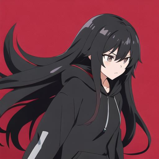 Prompt: Black long hair anime high school cool girl with black hoodie