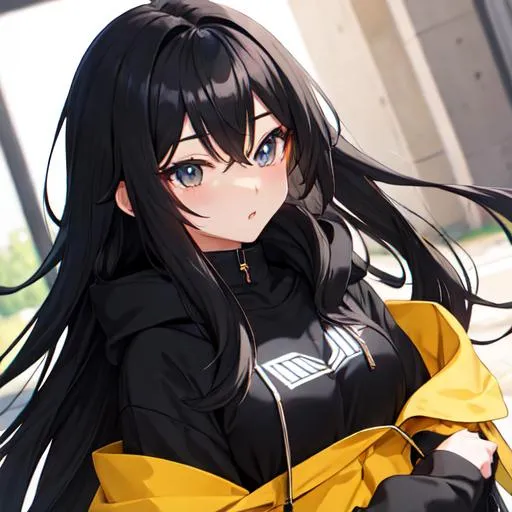 Prompt: Black long hair anime high school cool girl with black hoodie