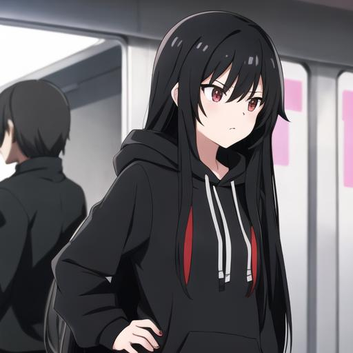 Prompt: Black long hair anime high school cool girl with black hoodie