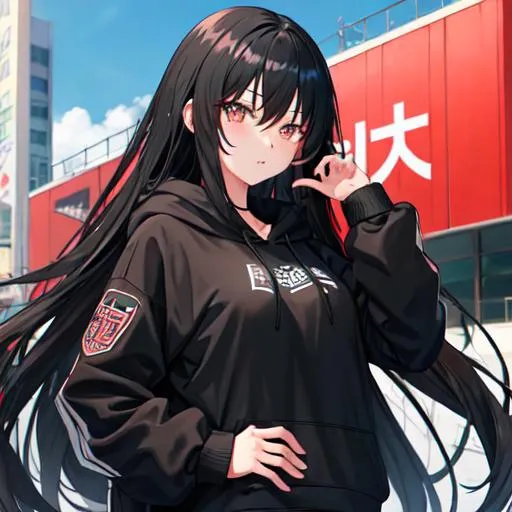 Prompt: Black long hair anime high school cool girl with black hoodie