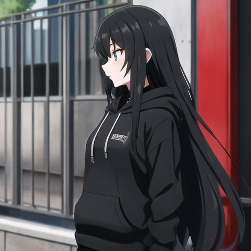 Prompt: Black long hair anime high school cool girl with black hoodie