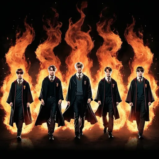 Prompt: BTS band faces off Harry potter in a dark background with flames burning in the back