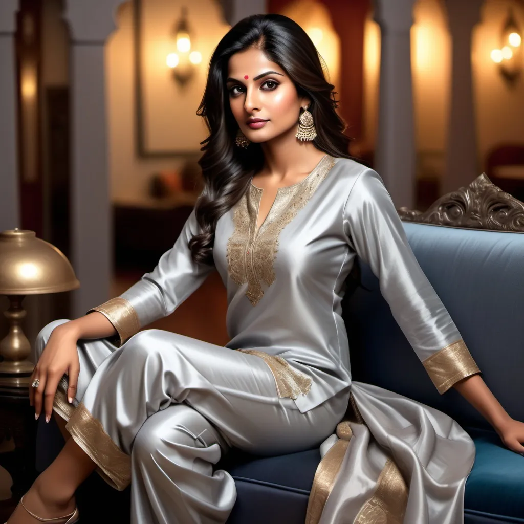 Prompt: (beautiful Indian woman), elegantly seated crossed leg on a luxurious sofa, (silky shiny liquid greyish silver satin patiala salwar kameez), stylish pointy heels, intricate fabric details, warm ambient lighting, cozy atmosphere, expressive facial features, rich color tones reflecting elegance, high-definition, ultra-detailed, inviting background with soft textures and plush cushions. Hyper realistic, dress must be extremely shiny, silky and silky and shimmery.