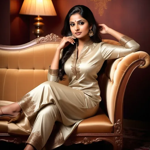 Prompt: (beautiful Indian woman), elegantly seated crossed leg on a luxurious sofa, (silky shiny satin salwar kameez), stylish pointy heels, intricate fabric details, warm ambient lighting, cozy atmosphere, expressive facial features, rich color tones reflecting elegance, high-definition, ultra-detailed, inviting background with soft textures and plush cushions.