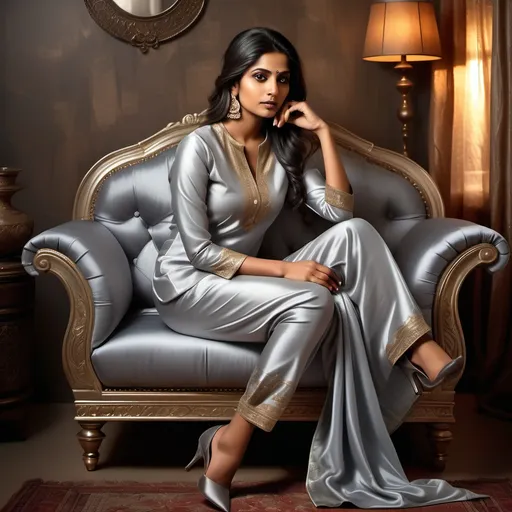 Prompt: (beautiful Indian woman), elegantly seated crossed leg on a luxurious sofa, (silky shiny liquid greyish silver satin patiala salwar kameez), stylish pointy heels, intricate fabric details, warm ambient lighting, cozy atmosphere, expressive facial features, rich color tones reflecting elegance, high-definition, ultra-detailed, inviting background with soft textures and plush cushions. Hyper realistic, dress must be extremely shiny, silky and silky and shimmery.