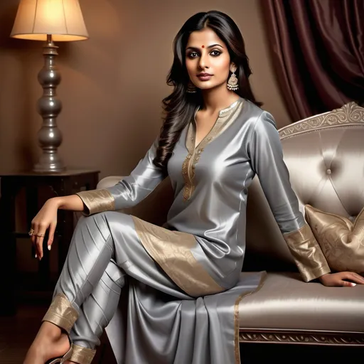 Prompt: (beautiful Indian woman), elegantly seated crossed leg on a luxurious sofa, (silky shiny liquid greyish silver satin patiala salwar kameez), stylish pointy heels, intricate fabric details, warm ambient lighting, cozy atmosphere, expressive facial features, rich color tones reflecting elegance, high-definition, ultra-detailed, inviting background with soft textures and plush cushions.