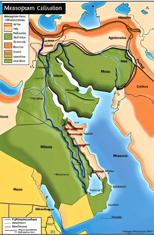 Prompt: Map of Mesopotamian Civilization
An image illustrating the location of Mesopotamia (between the Tigris and Euphrates rivers) to provide geographical context.