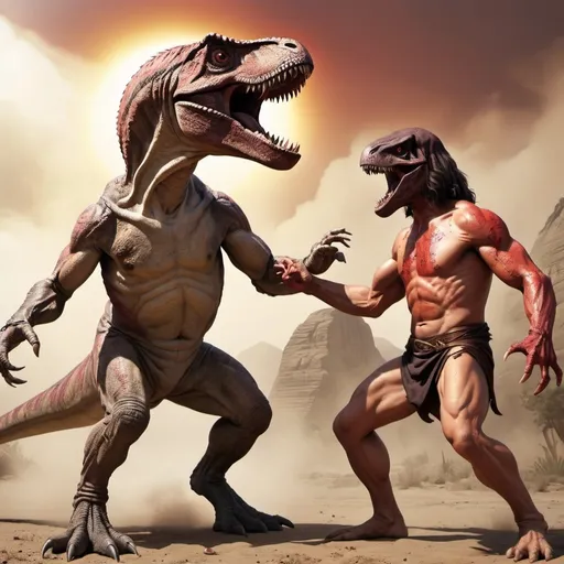 Prompt: (Jesus Raptor brawling with Satan Trex)