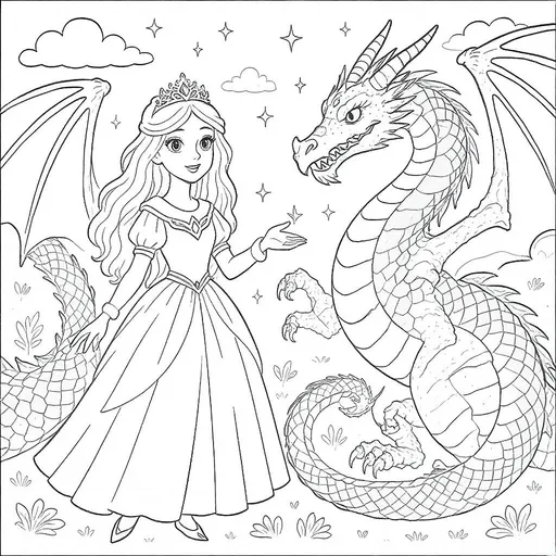 Prompt: CREAME UN LIBRO PARA COLOREAR DONDE APAREZCAN PRINCESAS Y DRAGONES, EL LIBRO ES EN B/N
