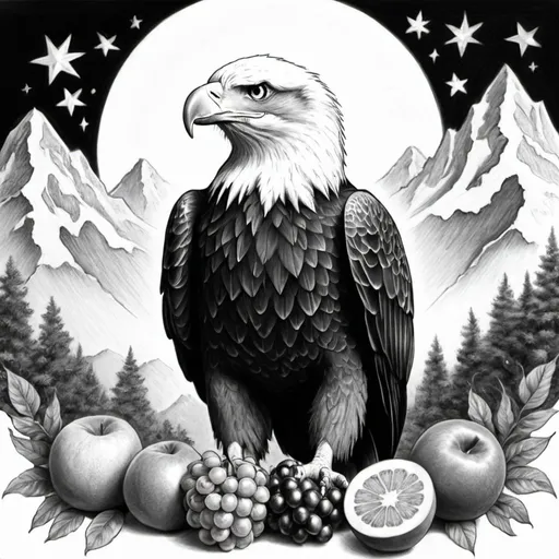 Prompt: draw eagle,fruits, stars and mountains together in pencil black and white