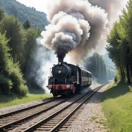 Prompt: treno a vapore, il fumo che si alza su in cielo