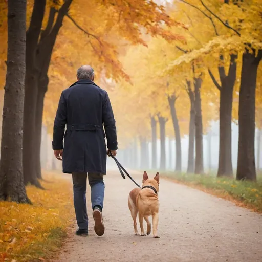 Prompt: uomo che passeggia con il cane, su di uno sfondo autunnale