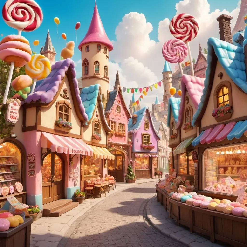 Prompt: The atmosphere during the day with the land full of sweets. The village here has buildings made of sweets and candies. The walkways are made of cookie dough sheets. There are many shops selling sweets and candies.