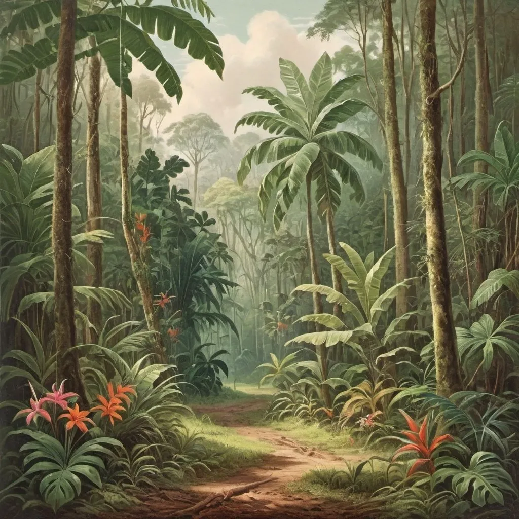 Prompt: vintage tropical forest clearing