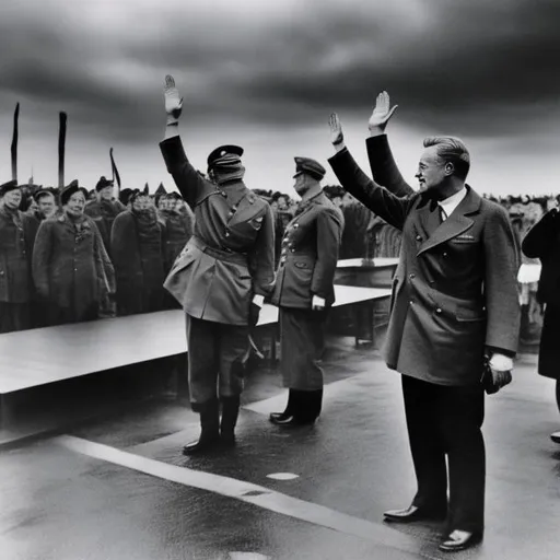 Prompt: American President Franklin D. Roosevelt Surrendering In World War 2 To Gernmany and Japan. Peace treaty,Dark Stormy Sky, Humiliation 