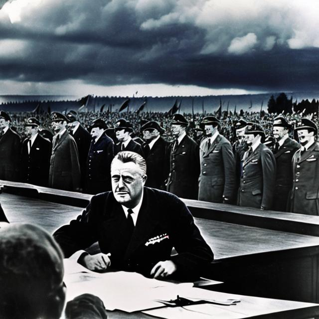 Prompt: American President Franklin D. Roosevelt Surrendering In World War 2 To Gernmany and Japan. Peace treaty,Dark Stormy Sky, Humiliation 