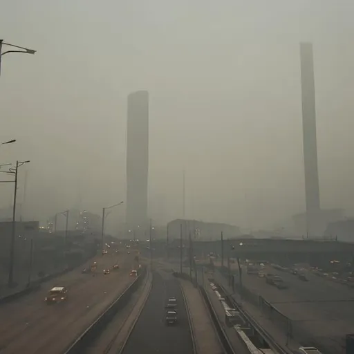 Prompt: Dystopian Society. Industrial Society, Brownish Smog, Traffic, Depressed Atmosphere, People walking around 