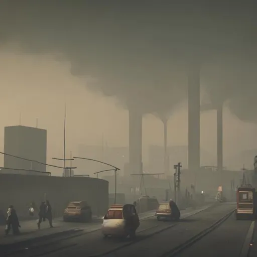 Prompt: Dystopian Society. Industrial Society, Brownish Smog, Traffic, Depressed Atmosphere, People walking around 