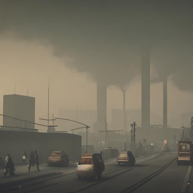 Prompt: Dystopian Society. Industrial Society, Brownish Smog, Traffic, Depressed Atmosphere, People walking around 