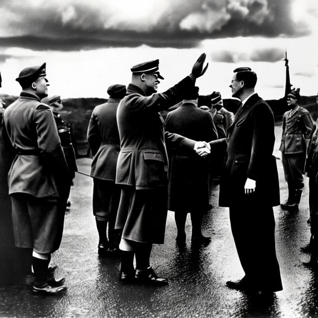 Prompt: American President Franklin D. Roosevelt Surrendering In World War 2 To Gernmany and Japan. Peace treaty,Dark Stormy Sky, Humiliation 