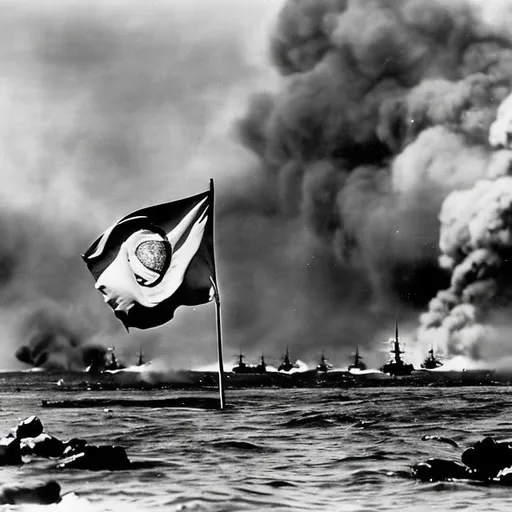 Prompt: The Japanese Capture Hawaii, Circa December 7th, 1941. Japanese flag Waving victoriously, Destroyed American battleships sinking in the background, Japanese Bombers flying overhead dropping bombs on the already destroyed American battleships