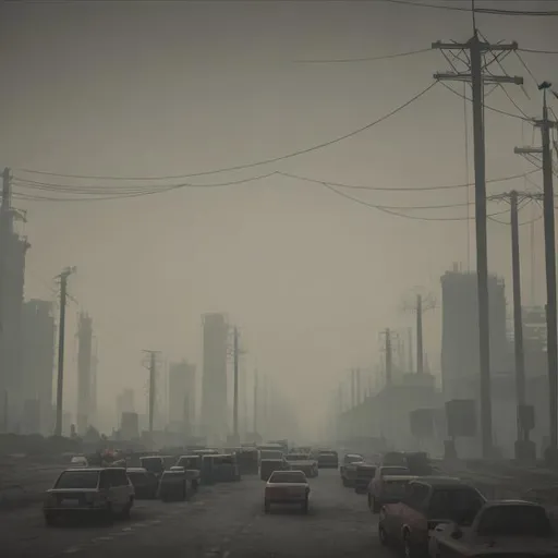 Prompt: Dystopian Society. Industrial Society, Brownish Smog, Traffic, Depressed Atmosphere, People walking around 