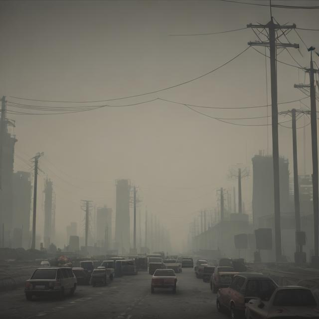 Prompt: Dystopian Society. Industrial Society, Brownish Smog, Traffic, Depressed Atmosphere, People walking around 