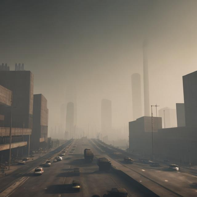 Prompt: Dystopian Society. Industrial Society, Brownish Smog, Traffic, Depressed Atmosphere, People walking around 