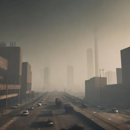 Prompt: Dystopian Society. Industrial Society, Brownish Smog, Traffic, Depressed Atmosphere, People walking around 