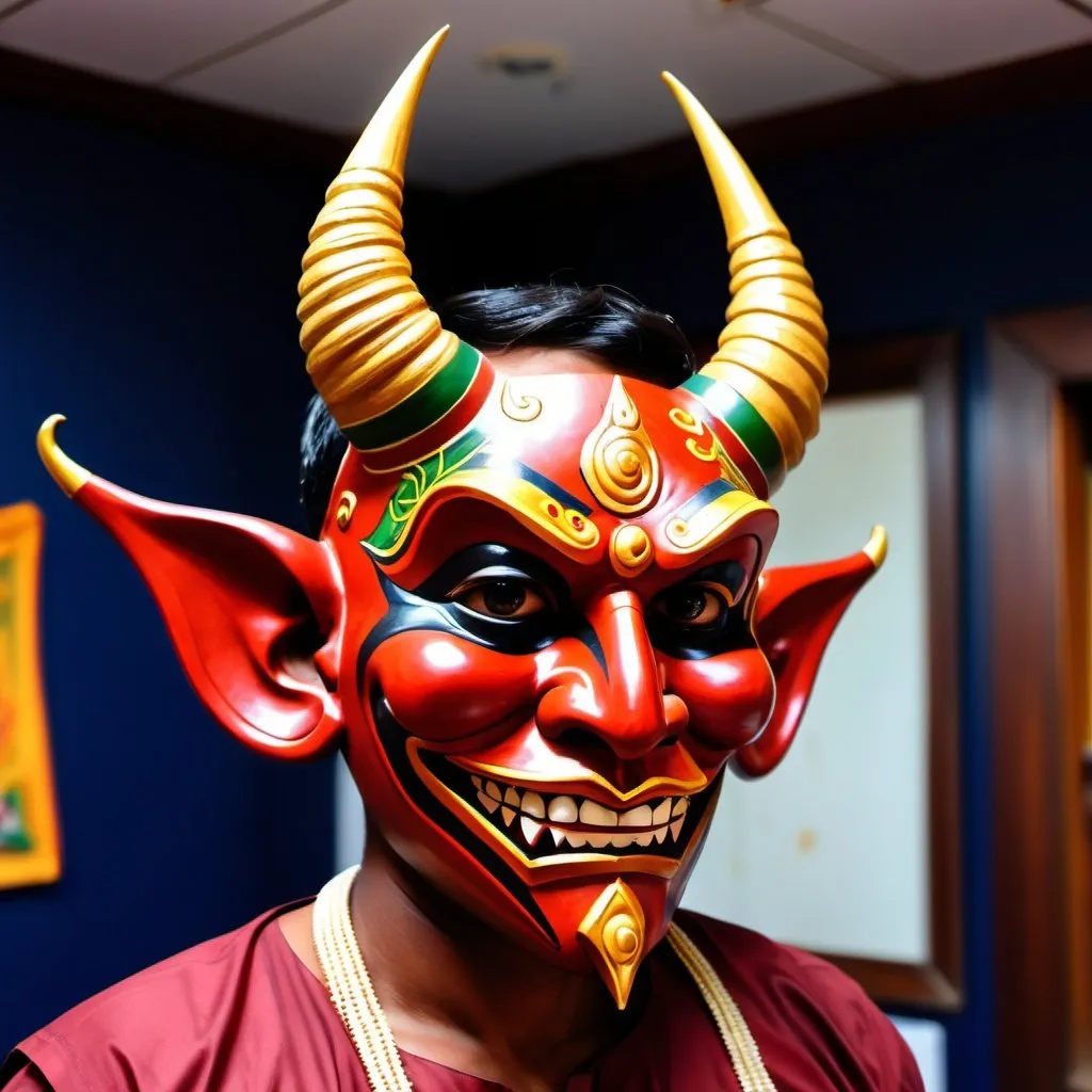 Prompt: A sapceman wear  Sri lankan traditional devil mask  in the space 