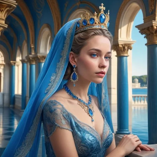 Prompt: (fantasy style), (queen in blue dress with veil and crown), (royal palace), (bordering a blue sea), adorned with (blue bracelet, blue necklace, blue earrings), illuminated by a warm color scheme, details of elegant architecture, enchanting atmosphere, tranquil surroundings, sparkling water reflections, ultra-detailed, vibrant colors, cinematic composition, dreamlike ambiance.