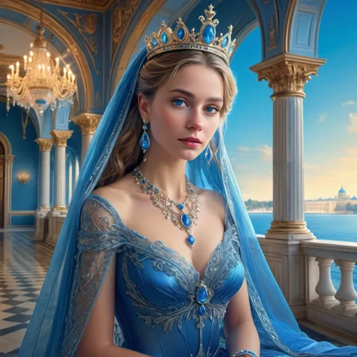 Prompt: (fantasy style), (queen in blue dress with veil and crown), (royal palace), (bordering a blue sea), adorned with (blue bracelet, blue necklace, blue earrings), illuminated by a warm color scheme, details of elegant architecture, enchanting atmosphere, tranquil surroundings, sparkling water reflections, ultra-detailed, vibrant colors, cinematic composition, dreamlike ambiance.