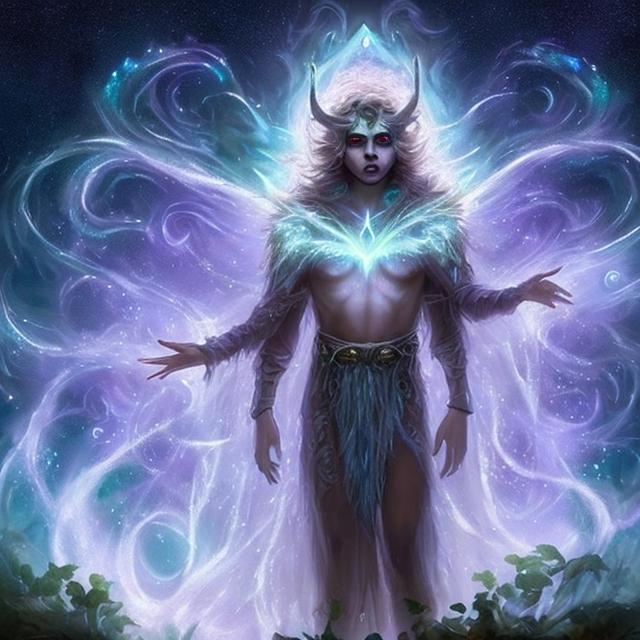 Prompt: Male starchild druid could be depicted as a figure with luminous, starry patterns in eyes adorning their robes might resemble the night sky, shimmering with celestial lights. They could be surrounded by an aura of natural sky elements, symbolizing their connection to nature and the cosmos.