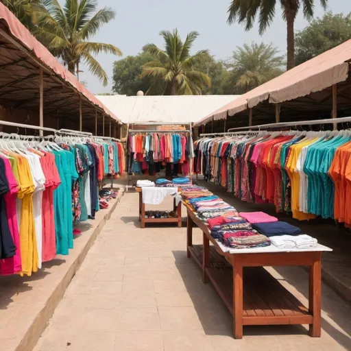 Prompt: A poolside bazaar store selling apparels
