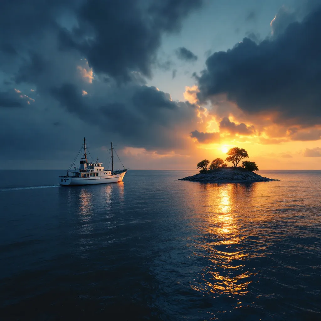 Prompt: super realistic, aspect ration 16:9, UHD resolution, sea, about sunset, a white fishing ship in the lest side, a small abandoned island in the right side, dark blue far end, light blue near end 