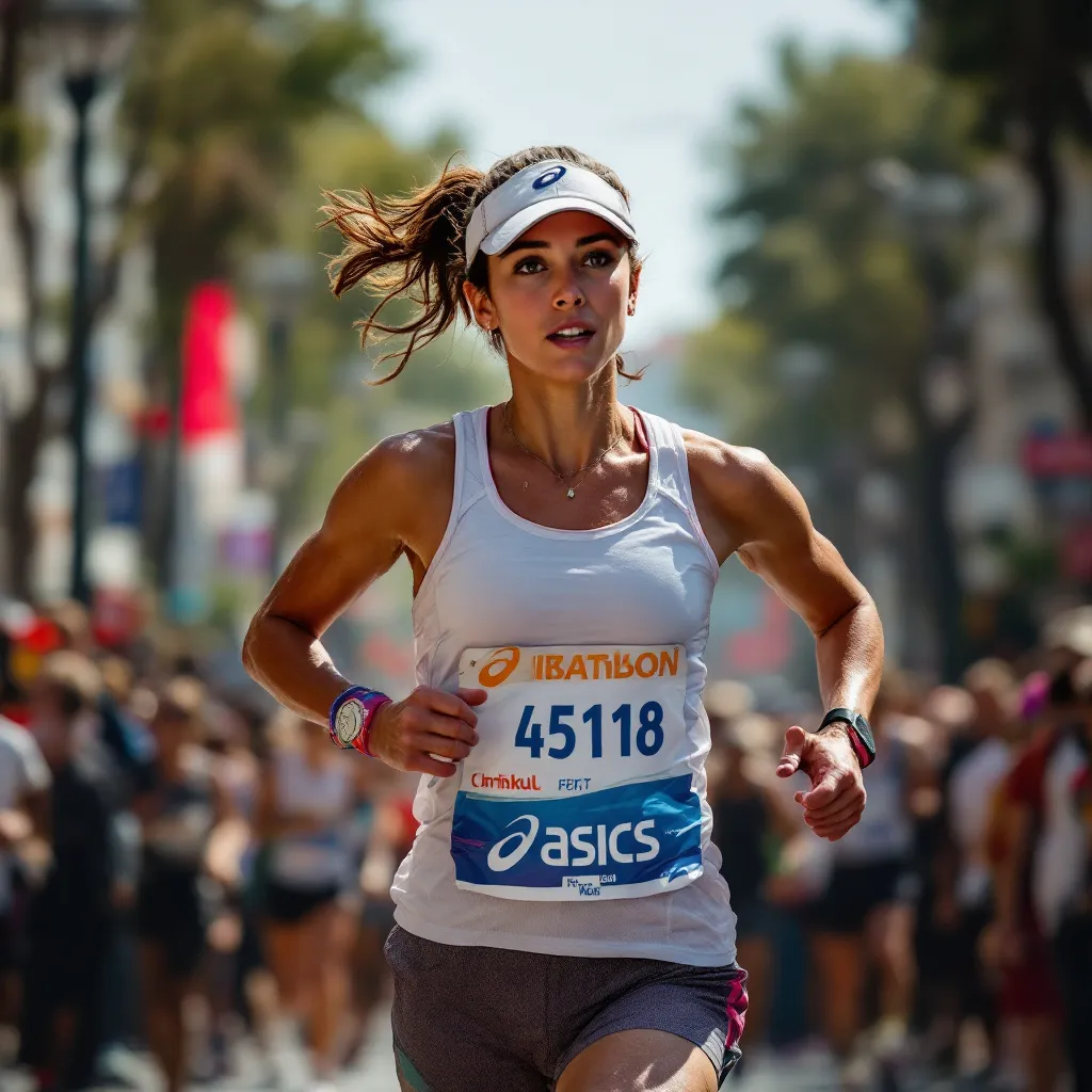 Prompt: super realistic, aspect ration 16:9, UHD resolution, a woman marathoner, wearing Asics shoes, short pants and short shirts and a hat, running at 4 minutes per kilometer, very fast, sweating, running on Istanbul street with hundreds of people