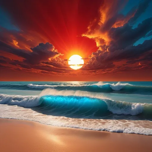 Prompt: Red African sunset over crystal blue lake, white waves crashing onto golden sands, circling clouds in surrealism style, high quality, sunset lighting, surreal, crystal blue, golden sands, crashing waves, African sunset, circling clouds, atmospheric surrealism, red sun, professional, highres, ultra-detailed prate ship on the horizon burning in front of the sun 
