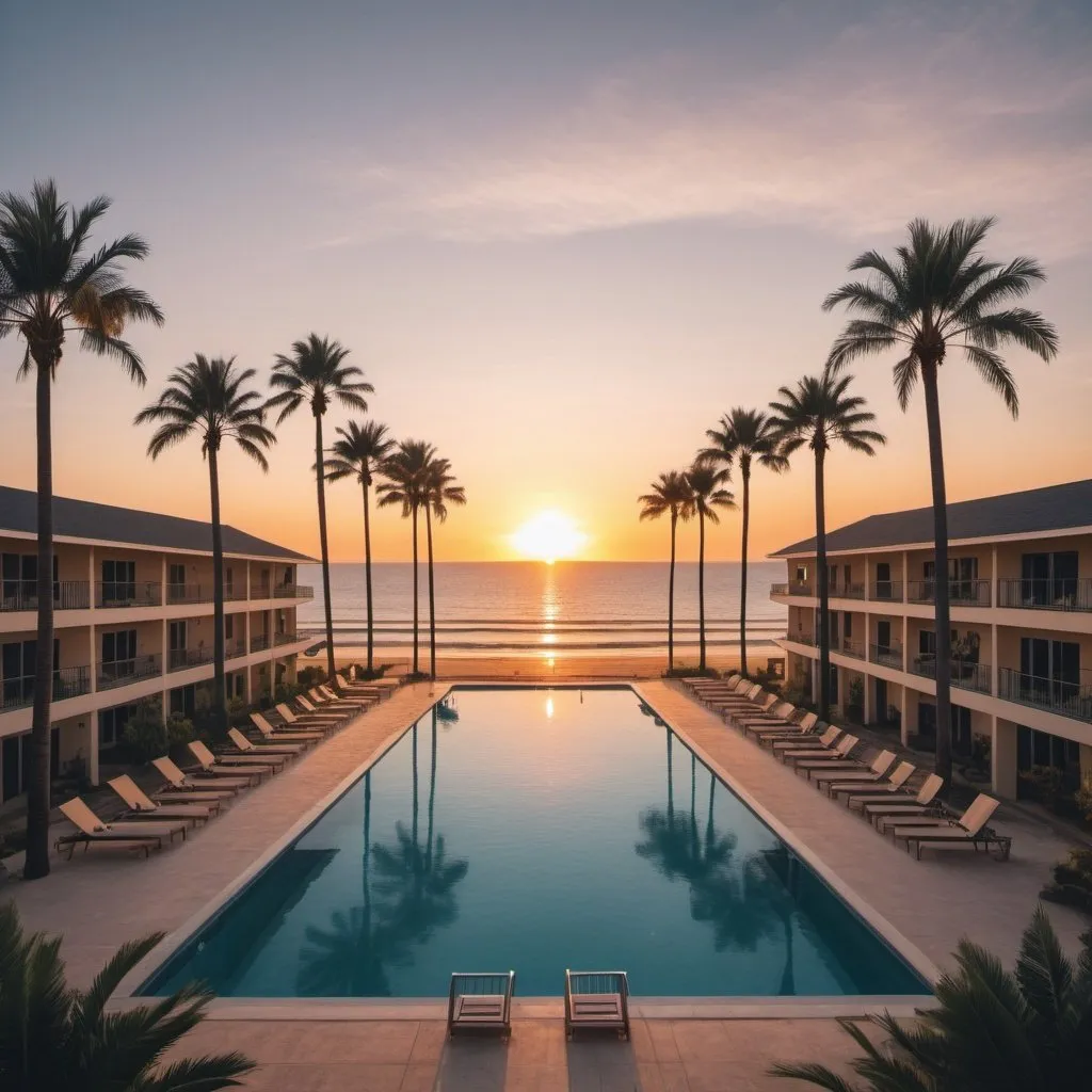 Prompt: using shapes create a beach resort with a swimming pool at the center keeping birds eye view directly down onto the pool but keeping the sunset on the horizon in the frame, palm trees in lines leading towards the sunset