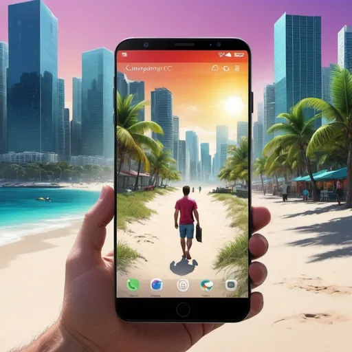 Prompt: Realistic beach paradise emerging from a smartphone, dull cityscape background, high resolution, detailed phone screen, tropical scenery, vibrant colors, realistic lighting and shadows, cityscape contrast, digital art, high quality, detailed, realistic, vivid colors, smartphone, beach paradise, city contrast, tropical scenery, a man walking through phone from the dull outside business world
