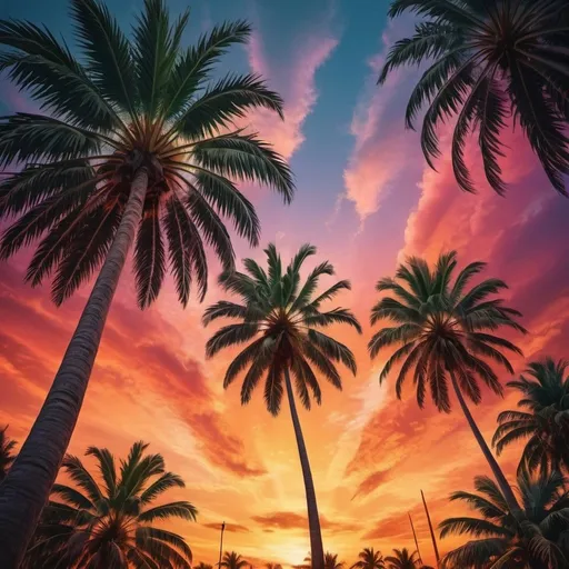 Prompt: Vibrant palm trees at sunset, surreal split skies, tropical scenery, high quality, surrealistic sky contrasted intensely, warm tones, worm's eye view, detailed palm leaves, atmospheric lighting, colorful sunset, artistic rendering, professional, vibrant colors, dreamlike