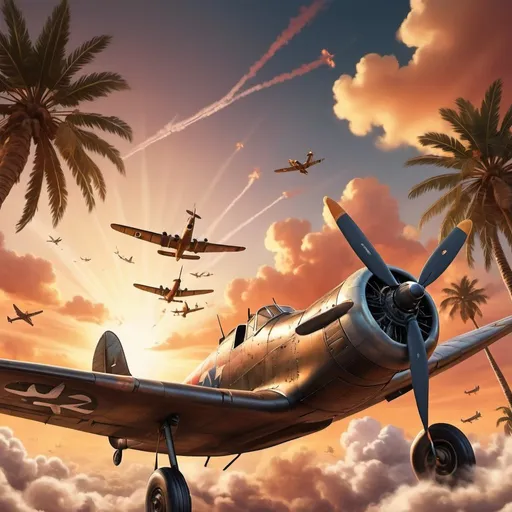 Prompt: WW2 airplane warfare scene, surreal sunset colors, worm's eye view, cartoon clouds from exploding airplanes, palm tree foreground, detailed vintage aircraft, high-quality, surreal, cartoonish, warm sunset tones, atmospheric lighting