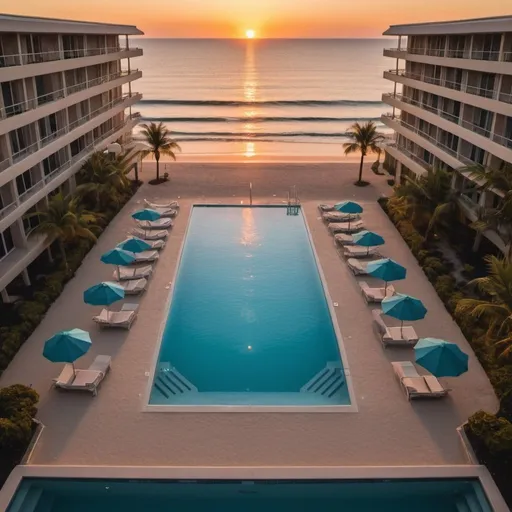 Prompt: using shapes create a beach resort with a swimming pool at the center keeping birds eye view directly down onto the pool but keeping the sunset on the horizon in the frame