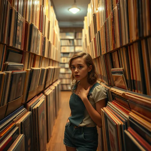 Prompt: (vinyl records) (female) frustrated searching, surrounded by tall shelves, abundant with colorful spines, soft warm lighting illuminating the space, cozy and nostalgic atmosphere, expression of focus and excitement, vintage attire, hair casually styled, wooden floors, meticulous details on record covers, high-quality, ultra-detailed, inviting ambiance reminiscent of a hidden treasure hunt.